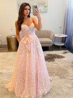 Light Pink A Line Sequin Long Prom Dress with Bow