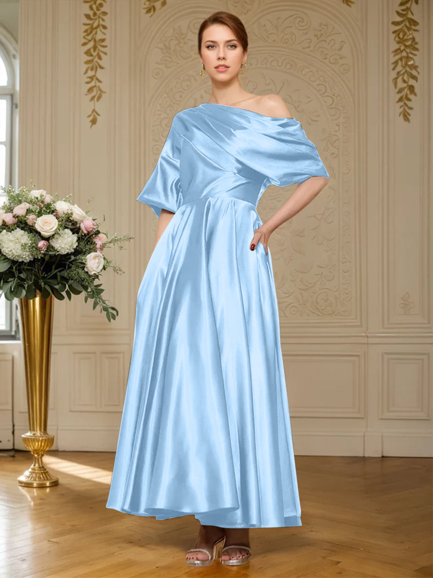 A-Linien Kurzarm plissiertes knöchellanges seidenähnliches Satin Kleid für die Brautmutter