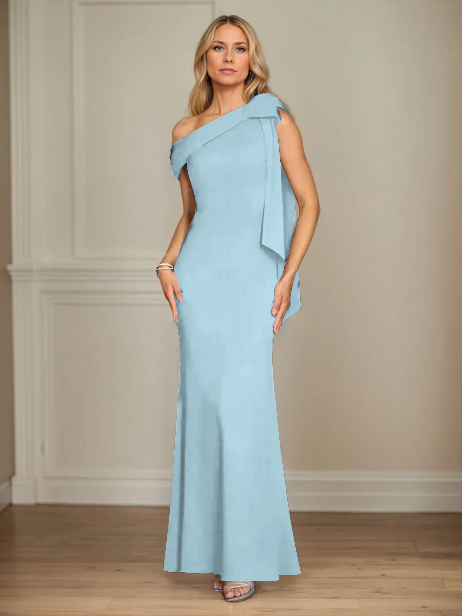 Trumpet/Mermaid Ein-Schulter Ärmelloses Stretch-Crêpe Kleid für die Brautmutter mit Schleife