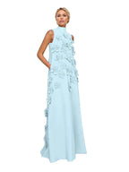 A Line High Neck Sleeveless Floor Length Stretch Crepe Dress With 3D Flowers