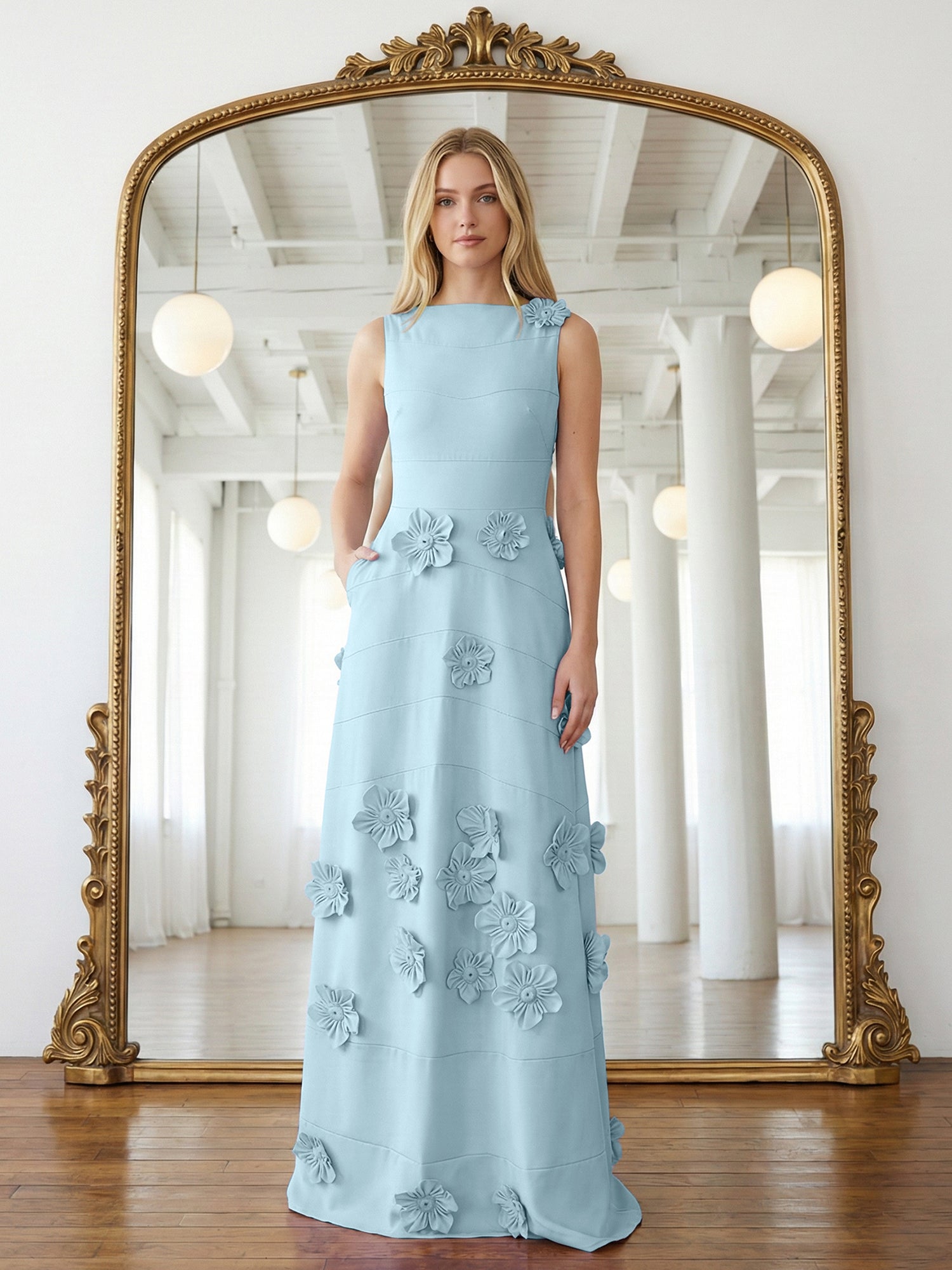 Lavendelfarbenes formelles Kleid mit U-Boot-Ausschnitt und herabfließenden 3D-Blumen