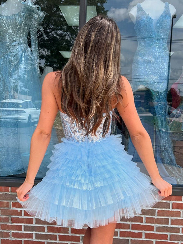 Light Blue A-Line Halter Short Tulle Homecoming Dress With Appliques