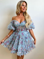 Light Blue A-Line Off The Shoulder Short Tulle Print Homecoming Dress