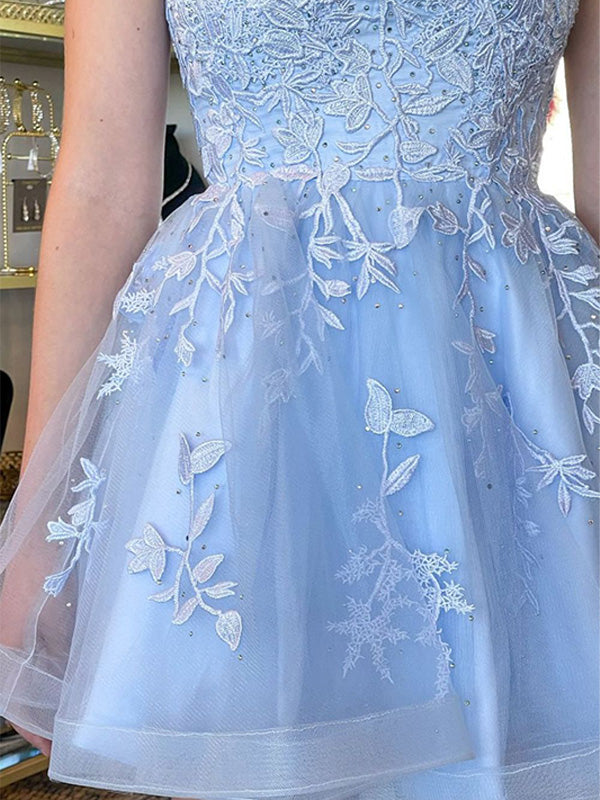 Light Blue A-Line Spaghetti Straps Lace Up Tulle Homecoming Dress