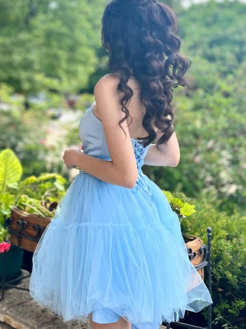 Light Blue A-Line Strapless Lace-Up Tulle Homecoming Dress