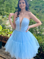 Light Blue A-Line Strapless Lace-Up Tulle Homecoming Dress