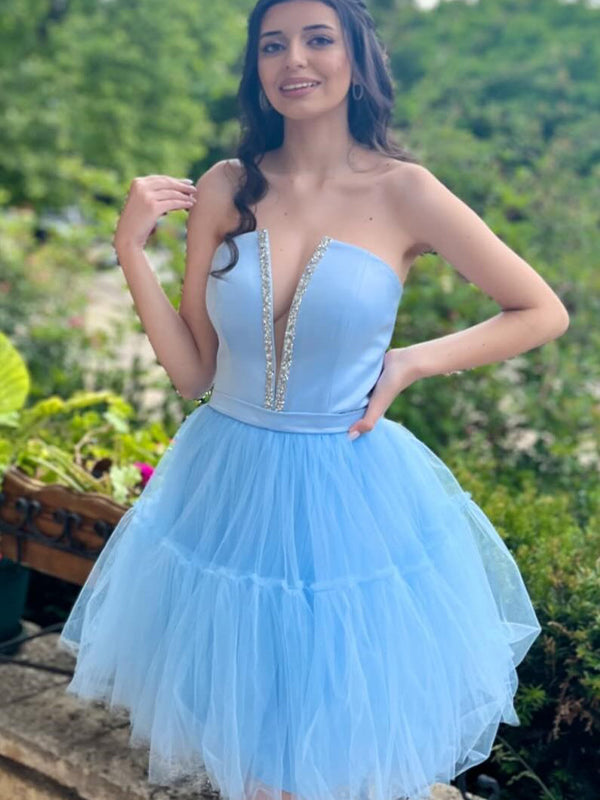 Light Blue A-Line Strapless Lace-Up Tulle Homecoming Dress