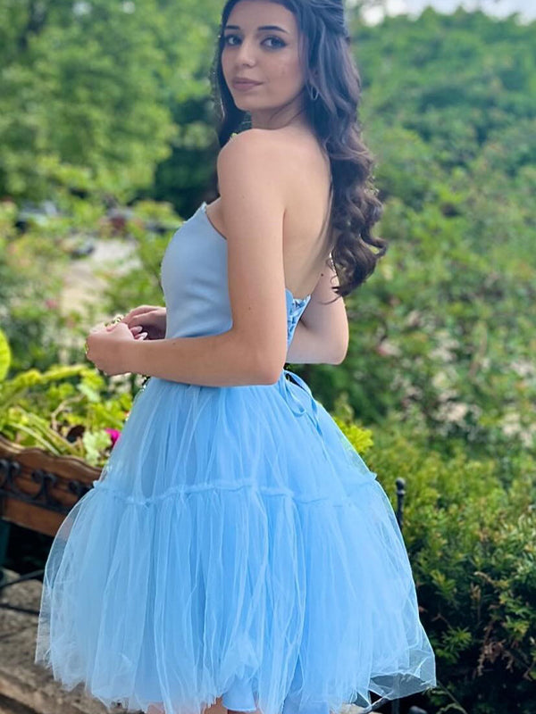 Light Blue A-Line Strapless Lace-Up Tulle Homecoming Dress