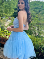 Light Blue A-Line Strapless Lace-Up Tulle Homecoming Dress