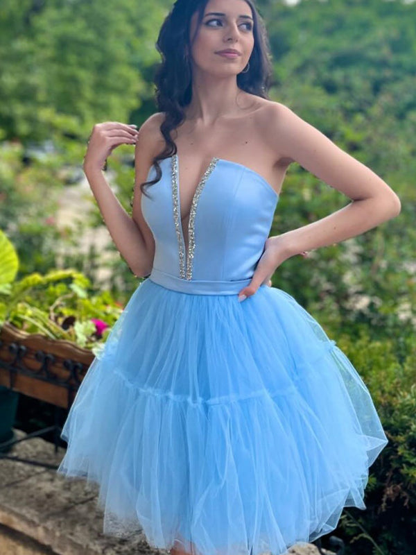 Light Blue A-Line Strapless Lace-Up Tulle Homecoming Dress