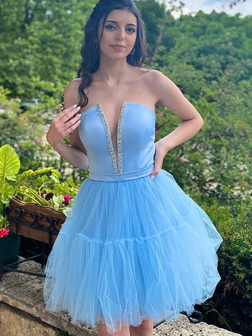 Light Blue A-Line Strapless Lace-Up Tulle Homecoming Dress