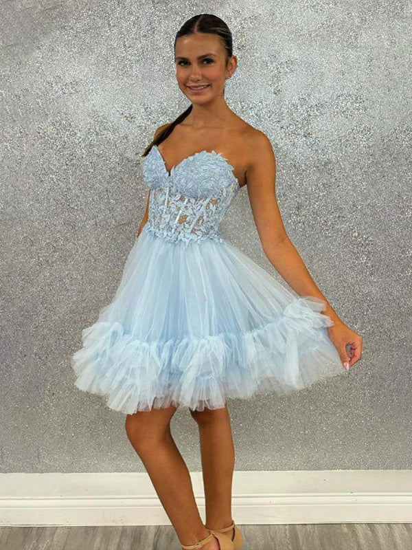 A-Linien kurzes Homecoming-Kleid aus Tüll mit Sweetheart-Ausschnitt und Schnürung