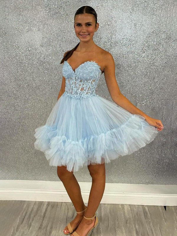 A-Linien kurzes Homecoming-Kleid aus Tüll mit Sweetheart-Ausschnitt und Schnürung
