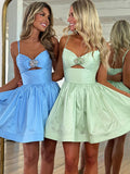 Light Blue A Line Ruched Short Beaded Homecoming Dress
