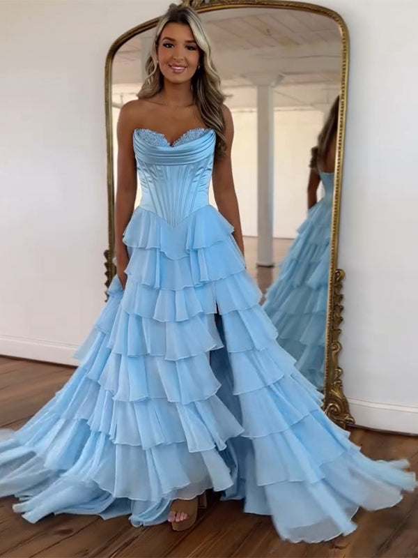 Yellow A Line Strapless Satin Corset Long Prom Dress with Ruffle Skirt