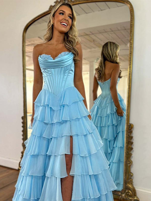 Gelbes A-Linien Trägerloses Satin Korsett Langes Ballkleid mit Rüschensaum