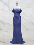 Light Blue Mermaid Off-Shoulder Ruched Long Prom Dress
