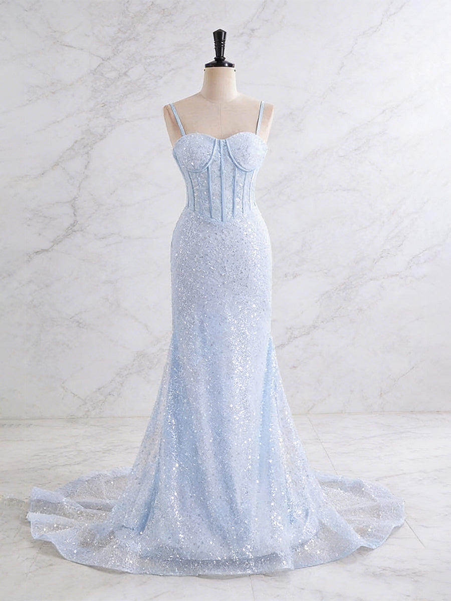 Light Blue Mermaid Spaghetti Straps Long Prom Dress with Beading