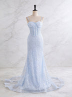 Light Blue Mermaid Spaghetti Straps Long Prom Dress with Beading