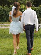 Light Blue Off the Shoulder Sequin Ruffle Short Homecoming Dress