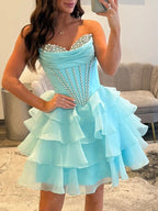 Light Blue Strapless Ruffle Tiered Short Homecoming Dress with Crystal