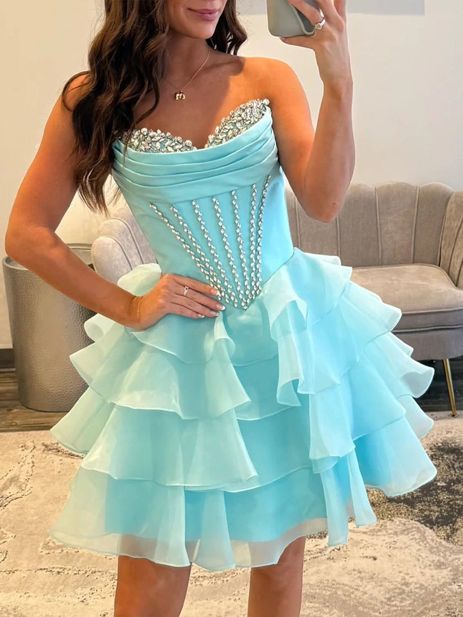 Light Blue Strapless Ruffle Tiered Short Homecoming Dress with Crystal