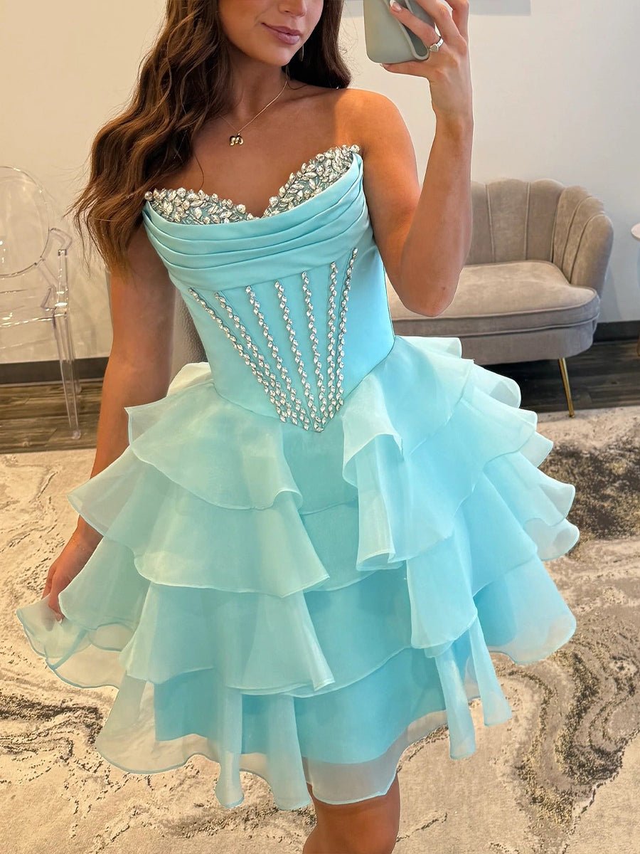 Light Blue Strapless Ruffle Tiered Short Homecoming Dress with Crystal