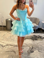 Light Blue Strapless Ruffle Tiered Short Homecoming Dress with Crystal