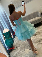 Light Blue Strapless Ruffle Tiered Short Homecoming Dress with Crystal