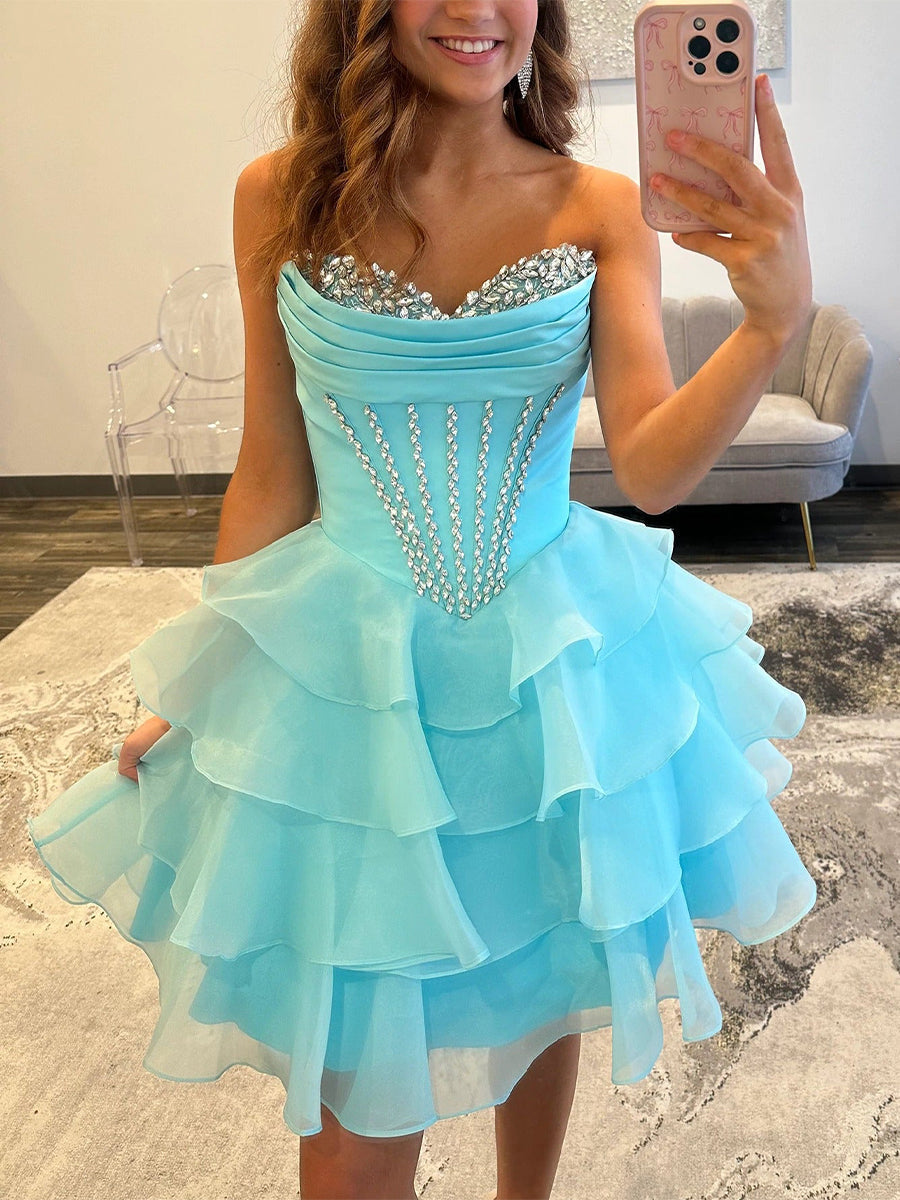 Light Blue Strapless Ruffle Tiered Short Homecoming Dress with Crystal