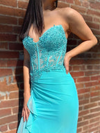 Turquoise Mermaid Strapless Empire Appliques Ruffled Party Prom Dress