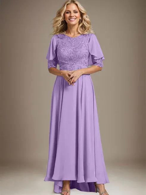 A-Linien Kleid mit Scoop-Ausschnitt, Illusion, asymmetrischem Chiffon und Spitzen, Mutter-der-Braut-Kleid mit Perlenbesatz