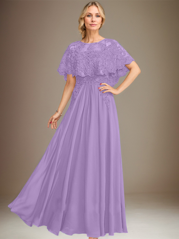 A-Linien Spitzen-Chiffon-Mutter-der-Braut-Kleid mit Bootsausschnitt, bodenlang und Applikations-Pailletten