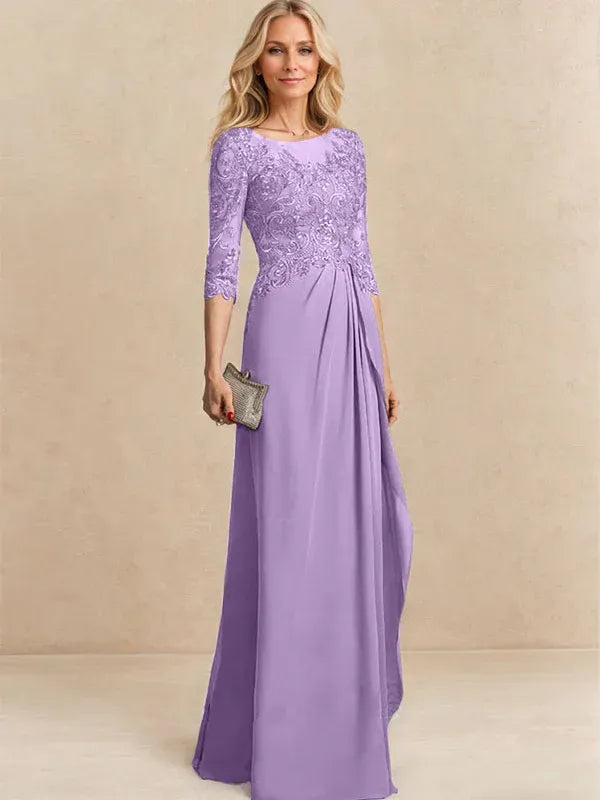 Vestido para la madre de la novia línea A con escote redondo ilusión, largo hasta el suelo, de gasa y encaje con cuentas, lentejuelas y volantes en cascada