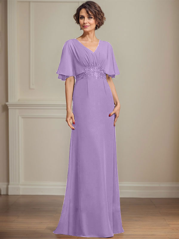 A-Linien Chiffon Mutter-der-Braut-Kleid mit V-Ausschnitt, bodenlang, mit plissierten Pailletten-Applikationen und Spitze