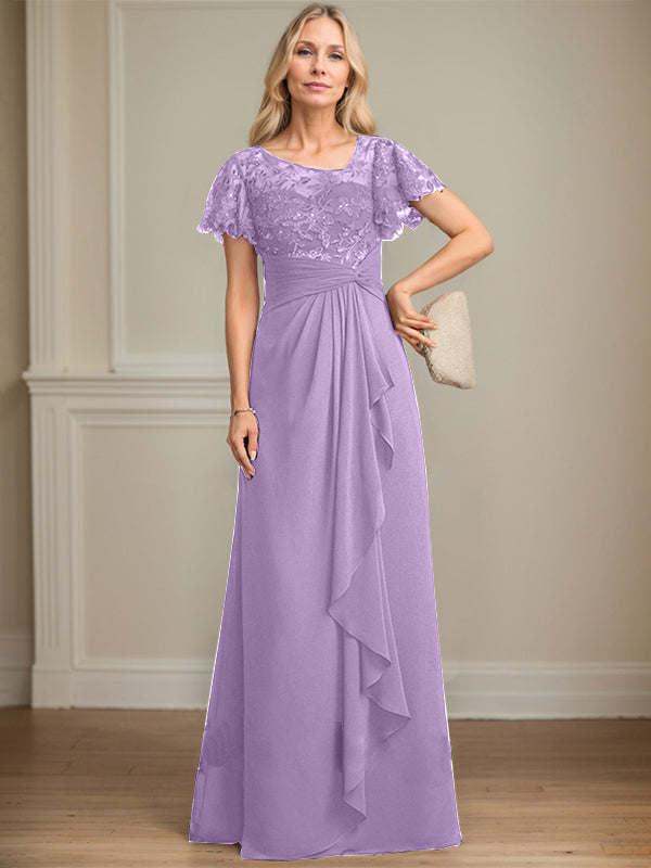 A-Linie asymmetrisches Illusions bodenlanges Spitzen-Chiffon Brautmutterkleid mit kaskadierenden Volants und Pailletten