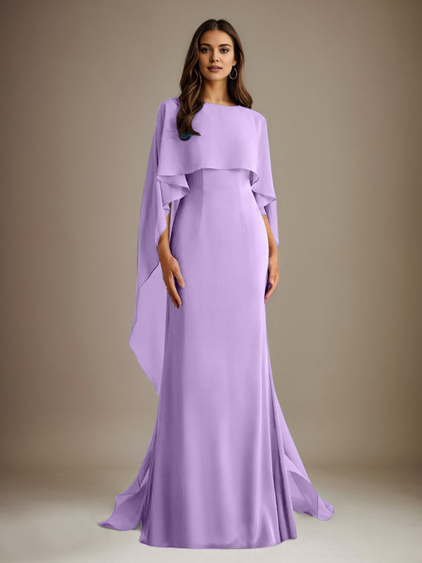 Etuikleid/Säulenkleid Bootsausschnitt bodenlanges Chiffon Mutter-des-Braut-Kleid mit kaskadierenden Rüschen