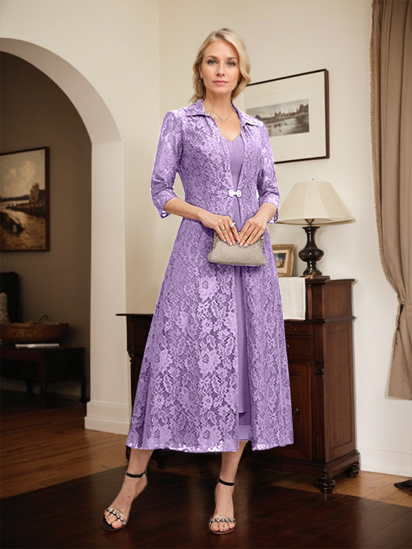 Robe mère de la mariée en mousseline longueur thé à encolure en V et coupe trapèze