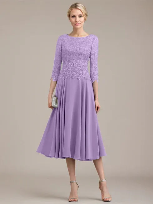 A-Linien Kleid mit Rundhalsausschnitt, tea-länge, Spitze und Chiffon, Mutter der Braut Kleid