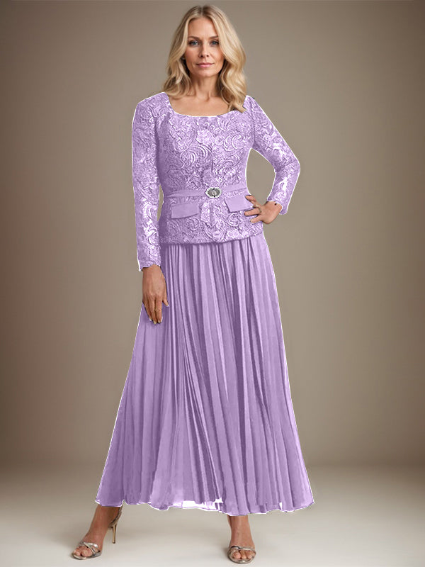 A-Linien-Kleid mit quadratischem Ausschnitt, knöchellang, Chiffon, Mutter der Braut, mit Falten