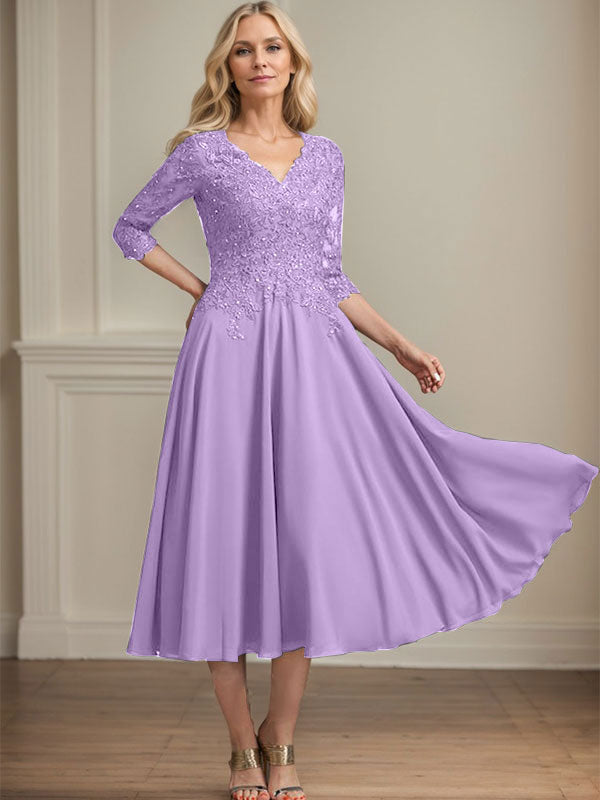 Robe de mère de la mariée en mousseline longueur thé, ligne A, col en V, en dentelle avec perles et sequins