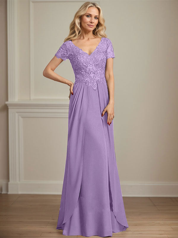 A-Linien Chiffon-Spitzen-Mutter-der-Braut-Kleid mit V-Ausschnitt, bodenlang