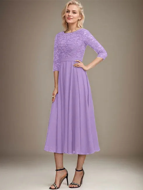 A-Linien Spitzen-Chiffon-Brautmutterkleid mit V-Ausschnitt, tea-length, mit Pailletten