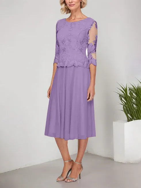 A-Linie Rundhals Tee-Länge Spitze Chiffon Mutter-der-Braut-Kleid mit Stickerei