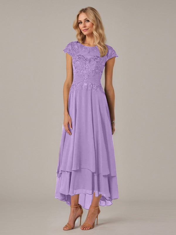 A-Linien Boot-Ausschnitt Illusions asymmetrisches Chiffon-Spitzen Mutterkleid der Braut mit Applikationsfalten