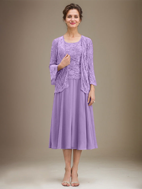 A-Linien Spitzen-Chiffon-Brautmutterkleid mit V-Ausschnitt, tea-length, mit Pailletten