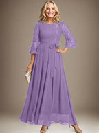 A-line Scoop Ankle-Length Lace Chiffon Mother of the Bride Dress With Bow