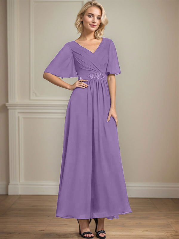 A-Linien V-Ausschnitt Knöchellanges Chiffon Kleid für die Brautmutter mit plissierten Perlen und Pailletten