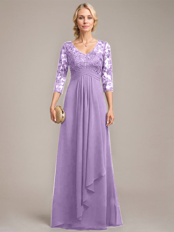 A-Linien V-Ausschnitt bodenlanges Spitzen-Chiffonkleid für die Mutter der Braut mit kaskadierenden Rüschen und Pailletten