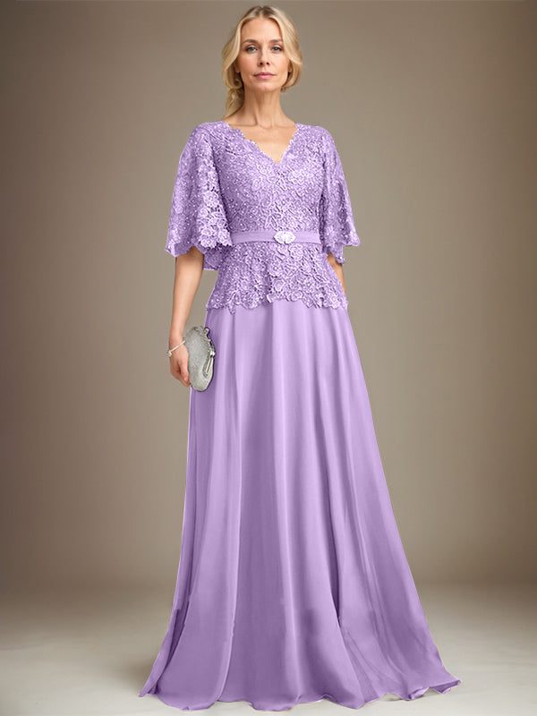 A-Linien V-Ausschnitt Bodenlanges Chiffon-Spitzen Mutter-der-Braut-Kleid mit Kristallbrosche und Strass